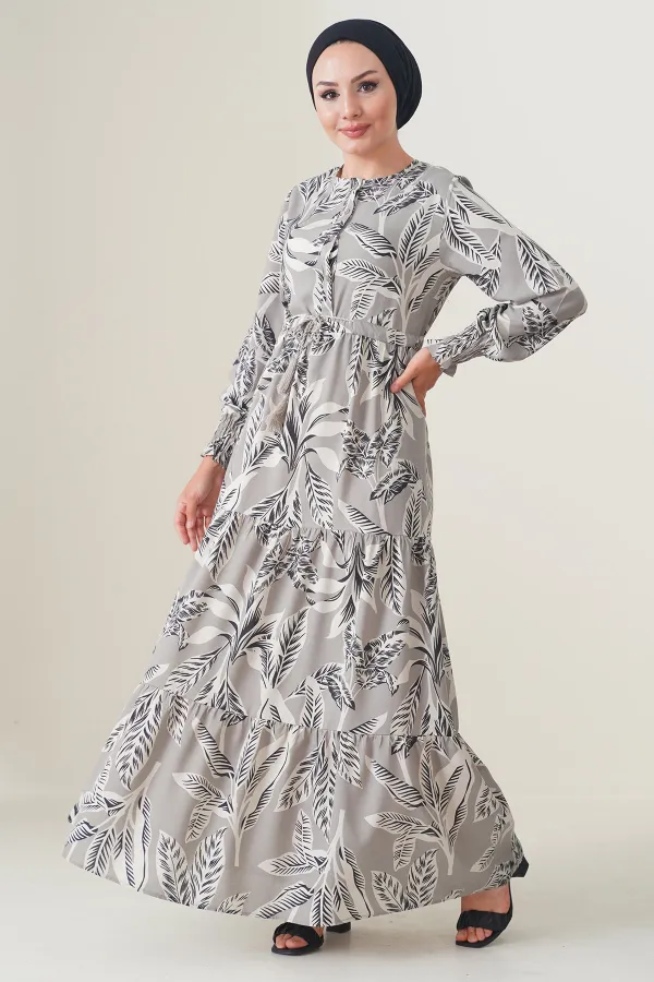 2145 Patterned Hijab Dress - Stone