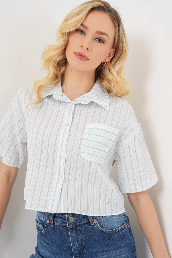Women's Striped Crop Shirt 20342 - Light Blue