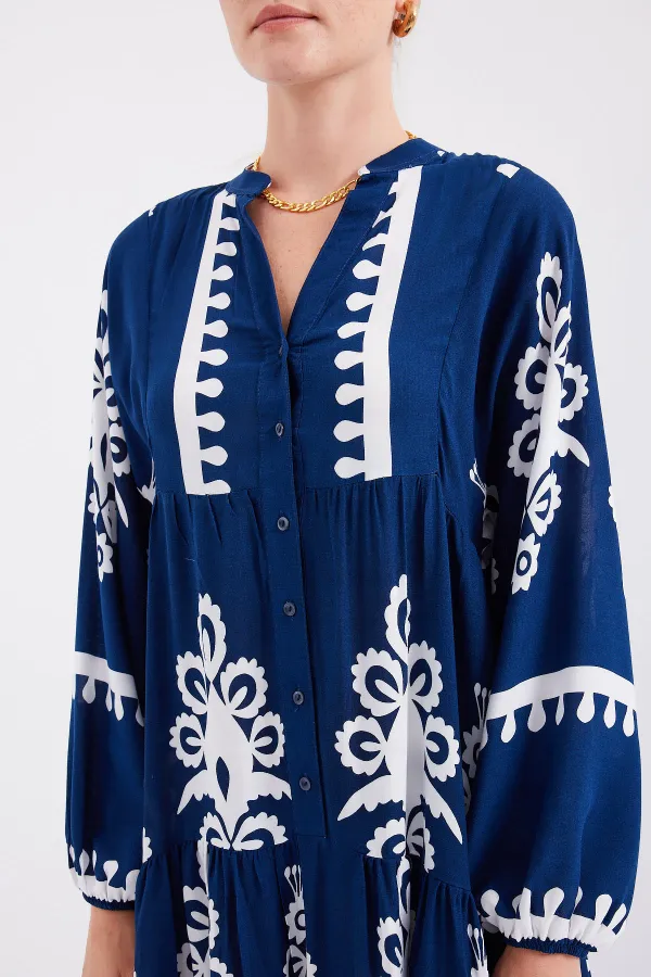 Robe hijab à motifs authentiques 2423 - Bleu marine clair