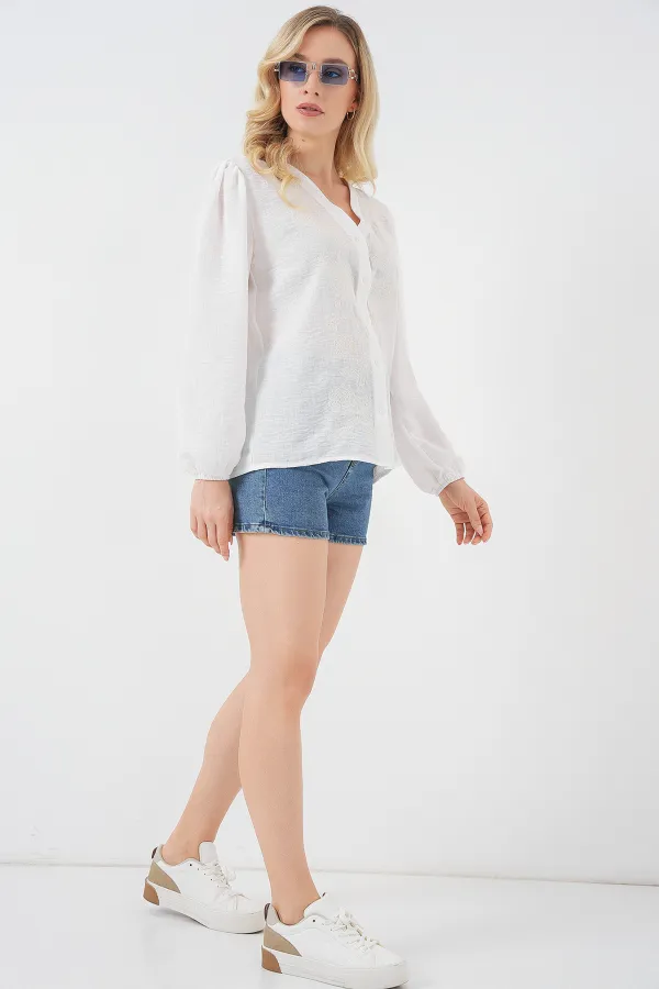 Kadın Nakışlı Uzun Kol Bluz 963 - Krem