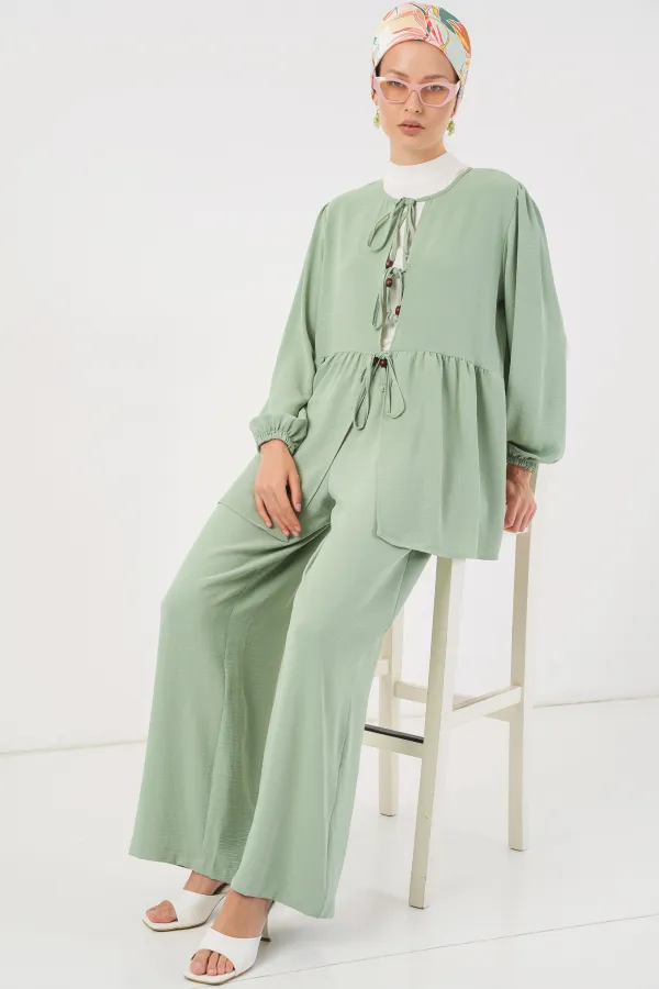 Ensemble deux pièces tunique et pantalon à lacets pour femme 6744 - Menthe