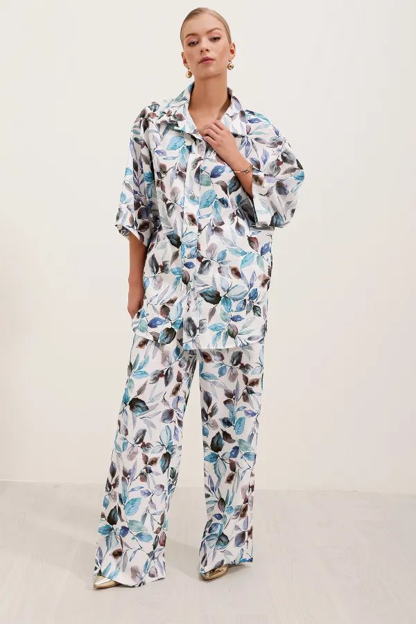6607 Patterned Linen Two-Piece Set - Blue