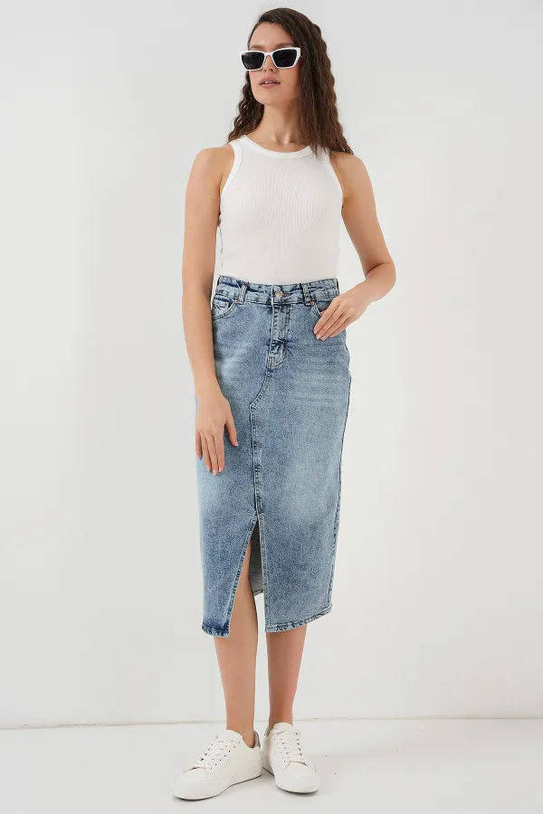 Kadın Yırtmaçlı Midi Kot Etek 8038 - Mavi