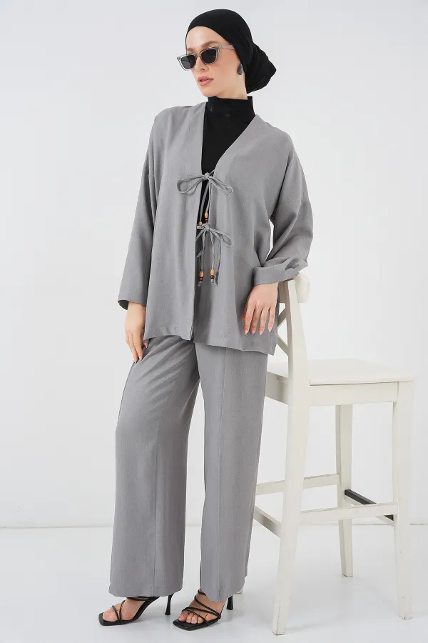 Kadın Keten Kimono İkili Takım 6727 - Gri