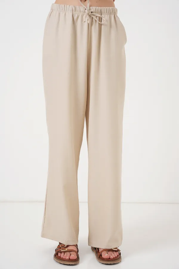 Kadın Geniş Paça Keten Pantolon 6735 - Krem