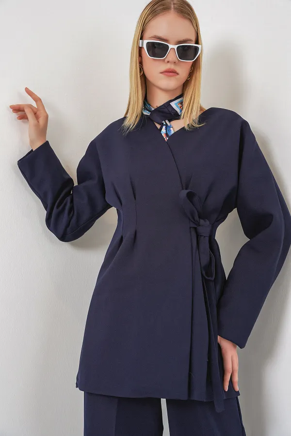 Kadın Yandan Bağlamalı Ceket Pantolon İkili Takım 30099 - Lacivert