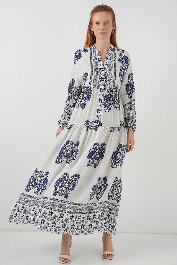 Kadın Desenli Uzun Tesettür Elbise 2585 - F.Lacivert