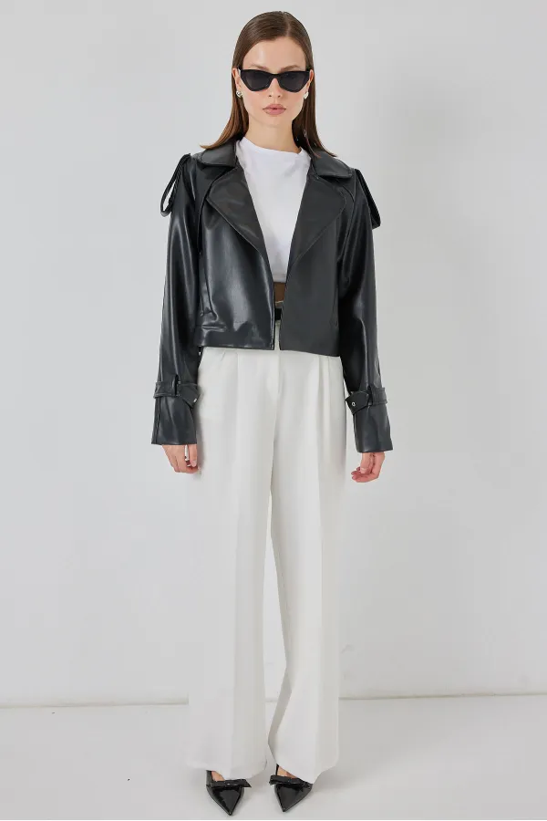 Kadın Oversize Deri Mont Ceket 1047 - Siyah