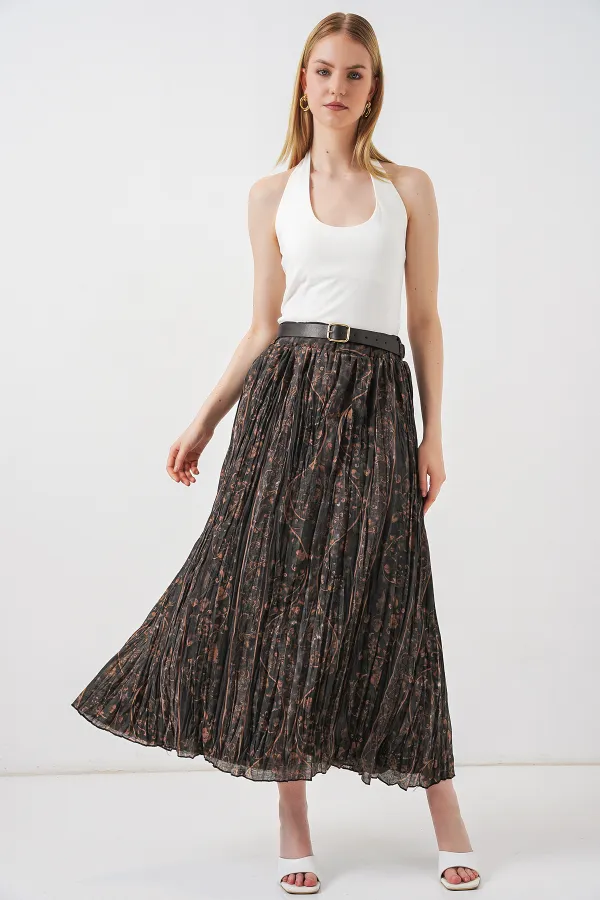 Kadın Kemerli Desenli Etek 8074 - Füme