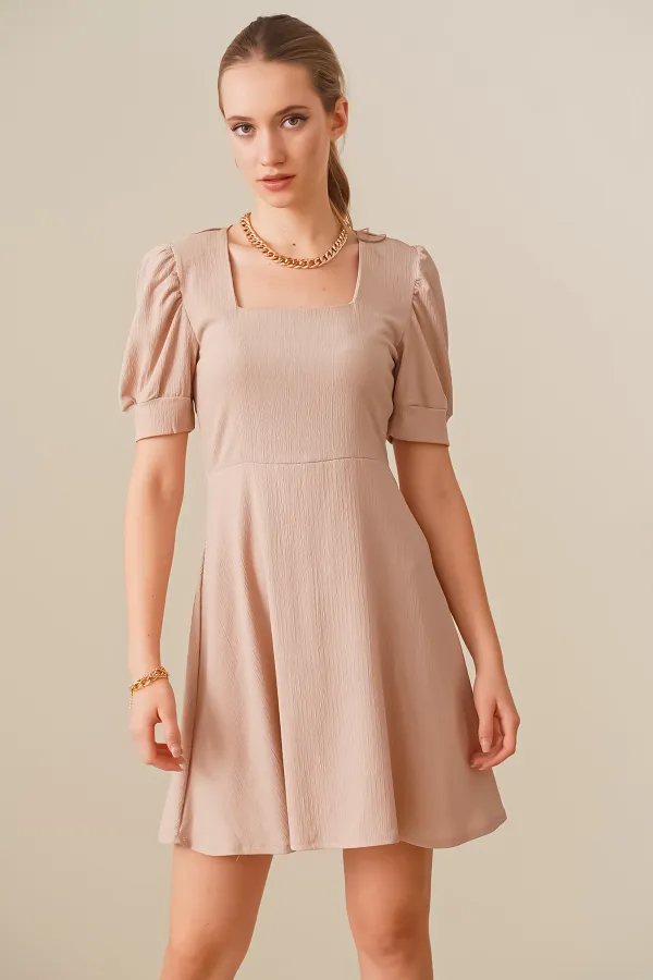 2339 Square Neck Knitted Dress - Biscuit