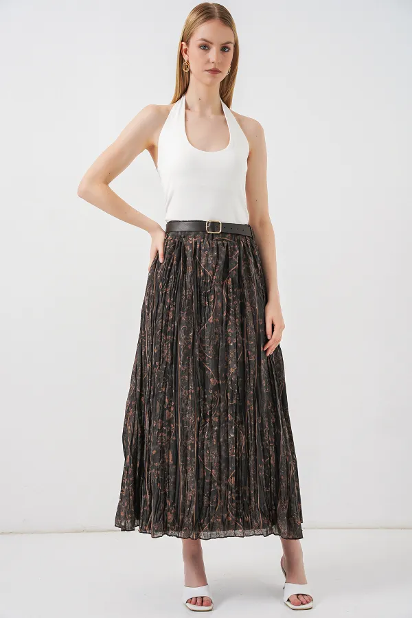 Kadın Kemerli Desenli Etek 8074 - Füme