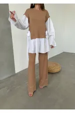 Gömlek Detay Triko Takım - 1503 Kamel