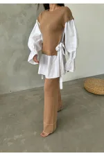 Gömlek Detay Triko Takım - 1503 Kamel