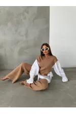 Gömlek Detay Triko Takım - 1503 Kamel