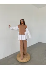 Gömlek Detay Triko Takım - 1503 Kamel