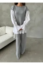 Shirt Detail Knit Set - 1503 Grey