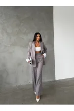 Çizgili Ceket Pantolon İkili Takım - Gri