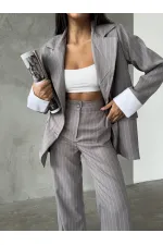 Çizgili Ceket Pantolon İkili Takım - Gri