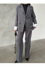 Çizgili Ceket Pantolon İkili Takım - Antrasit