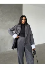 Çizgili Ceket Pantolon İkili Takım - Antrasit