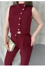 Düğme Detay Yelek Pantolon Takım - Bordo