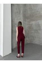 Düğme Detay Yelek Pantolon Takım - Bordo