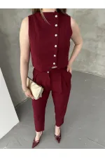 Düğme Detay Yelek Pantolon Takım - Bordo