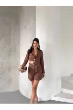 Zincir Kemer Ceket Şort Takım - Kahve