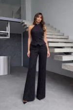 Fermuar Detay Kolsuz Çizgili Takım - Siyah