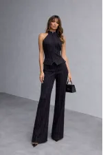 Fermuar Detay Kolsuz Çizgili Takım - Siyah