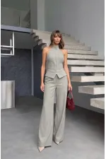 Fermuar Detay Kolsuz Çizgili Takım - Gri