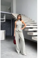 Fermuar Detay Kolsuz Çizgili Takım - Gri