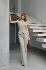 Fermuar Detay Kolsuz Çizgili Takım - Gri