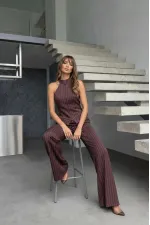 Fermuar Detay Kolsuz Çizgili Takım - Kahve