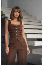 Ön Detay Yelek Pantolon Takım - Kahve