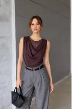 Dantel Detay Dökümlü Bluz - Kahve