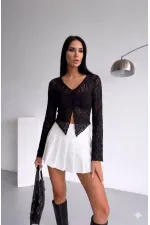 Ön Büzgülü Uzun Kol Dantel Bluz - Siyah