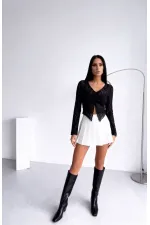 Ön Büzgülü Uzun Kol Dantel Bluz - Siyah