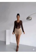 Ön Büzgülü Uzun Kol Dantel Bluz - Kahve