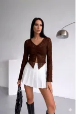 Ön Büzgülü Uzun Kol Dantel Bluz - Kahve