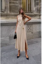 Toka Detay Elbise - Bej