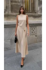 Toka Detay Elbise - Bej
