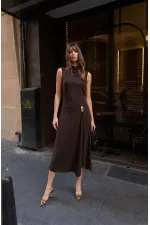 Toka Detay Elbise - Kahve