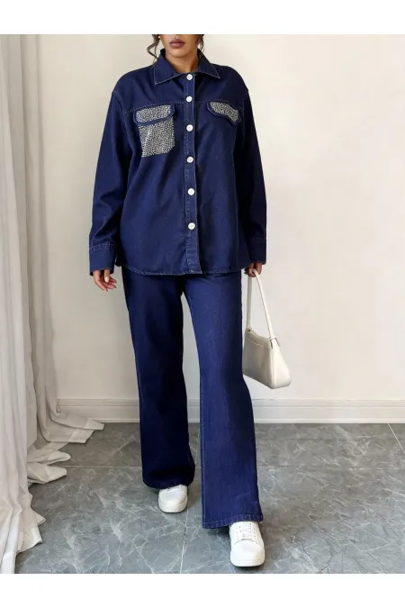 Costume en denim bleu marine avec détails de pierres sur les poches, référence 1802