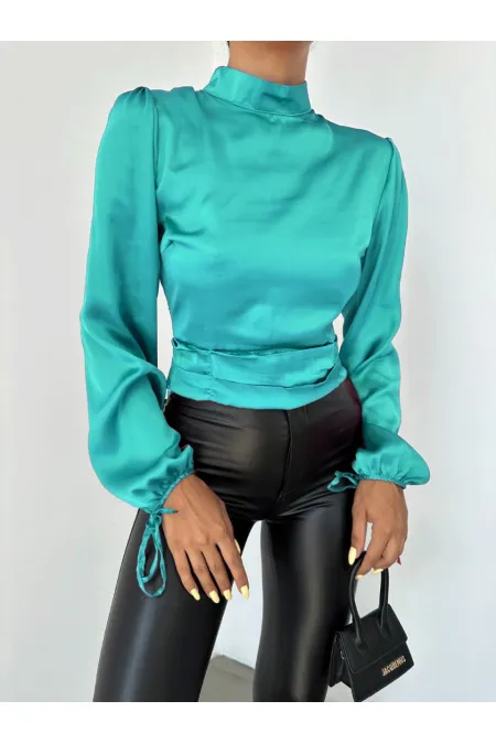 Chemisier court en satin turquoise