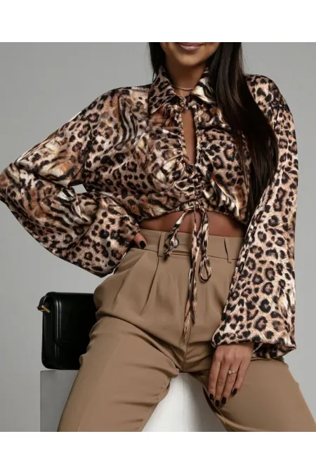 Saten Büzgülü Bluz - Leopar