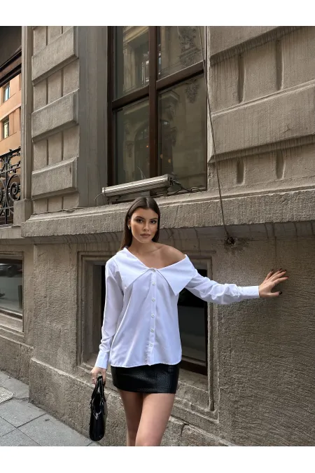 Kayık Yaka Gömlek - Beyaz