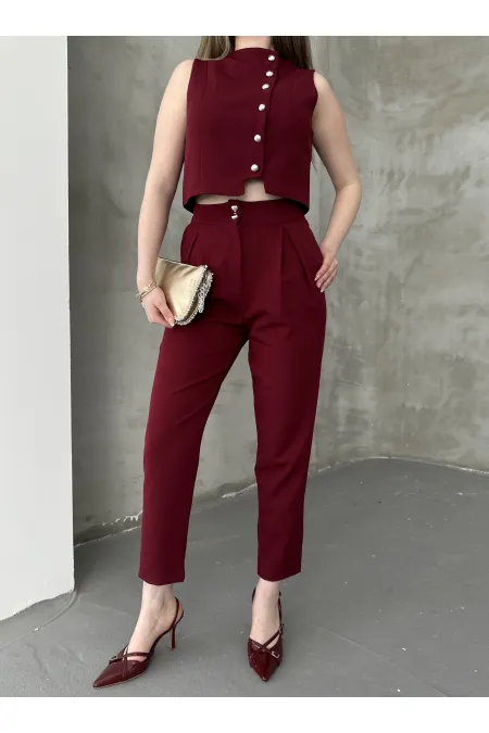 Düğme Detay Yelek Pantolon Takım - Bordo