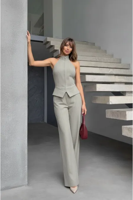 Fermuar Detay Kolsuz Çizgili Takım - Gri