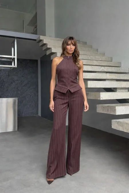 Fermuar Detay Kolsuz Çizgili Takım - Kahve